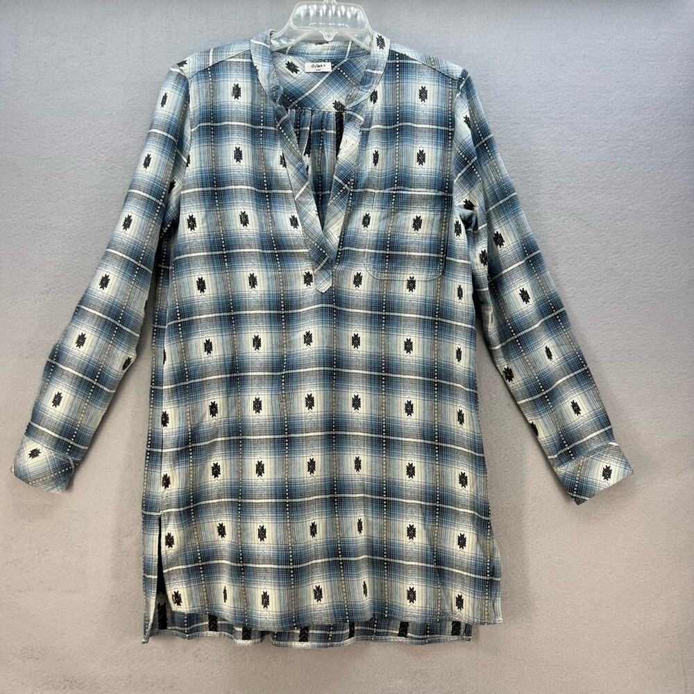 Dylan Tunic Dress Women's Size S Blue Black V-neck Flannel Southwestern Plaid - Picture 1 of 10